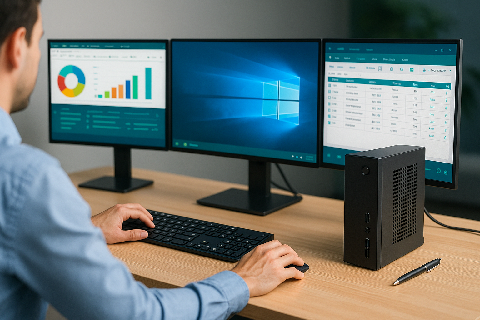 Mini PC em mesa sendo usado com 3 monitores